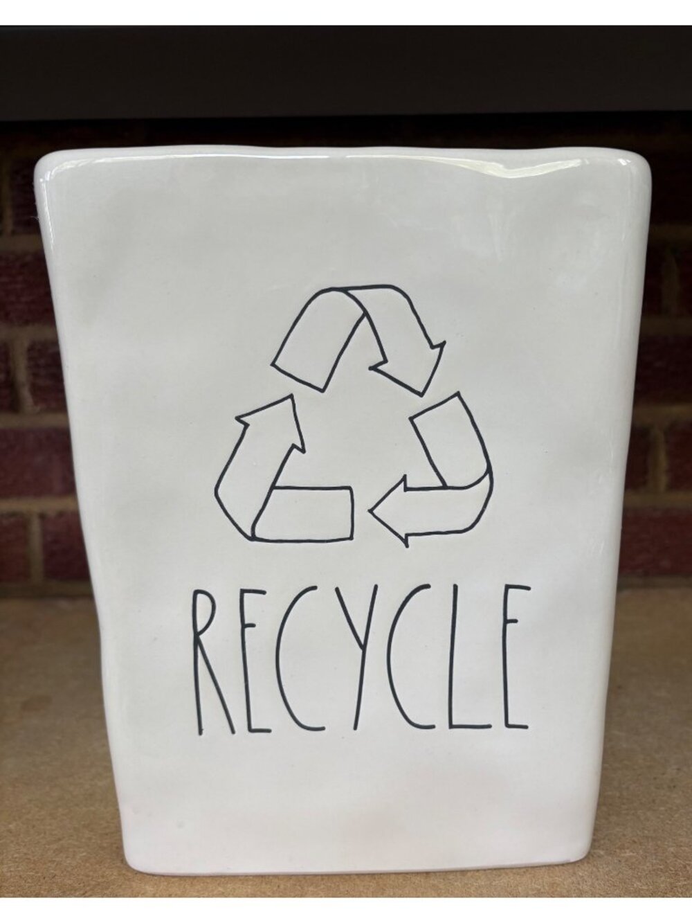 Rae Dunn Ceramic Recycle Bin Vase White Artisan Collection Trash Can 12" Tall